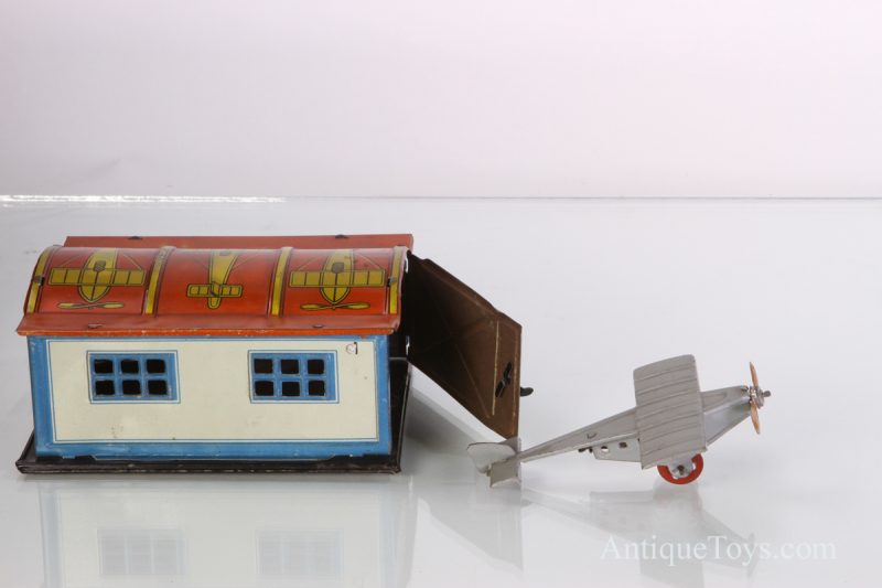 German Tin Lithographed Airplane Penny Toy with Hangar <FONT COLOR="ff000 ">*SOLD*</font> - Image 4
