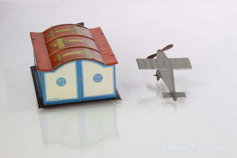 German Tin Lithographed Airplane Penny Toy with Hangar <FONT COLOR="ff000 ">*SOLD*</font> - Image 5