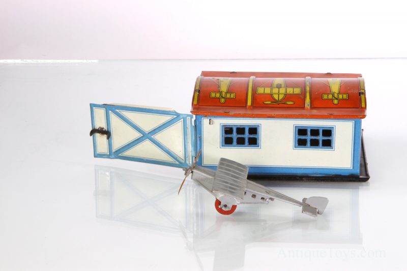 German Tin Lithographed Airplane Penny Toy with Hangar <FONT COLOR="ff000 ">*SOLD*</font> - Image 6
