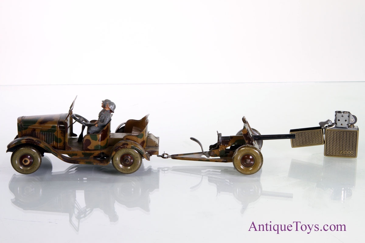 Jouet Ancien En Tôle Tippco Germany Camion Militaire Avec Canon Et Soldats, Années 1930