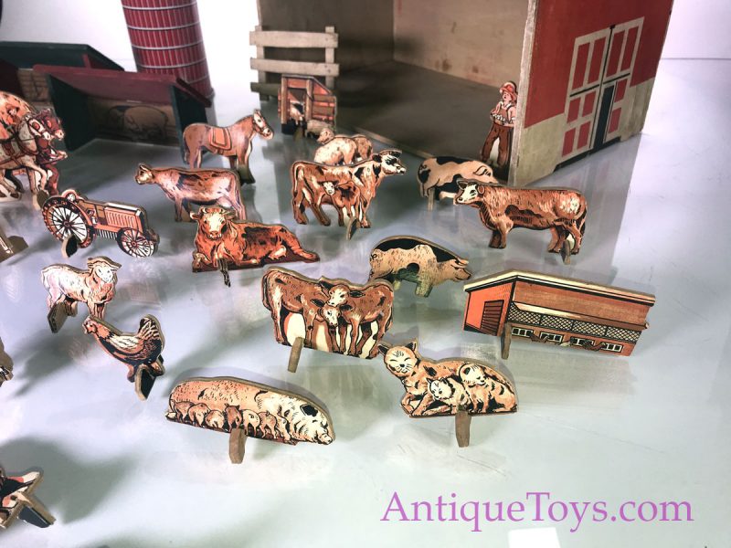 Vintage ca. 1930's Wooden Sears Milton Bradley & Marx Farm Toy Cows, Horses, Chicken, Silo, & Barn <FONT COLOR="ff000 ">*SOLD*</font>