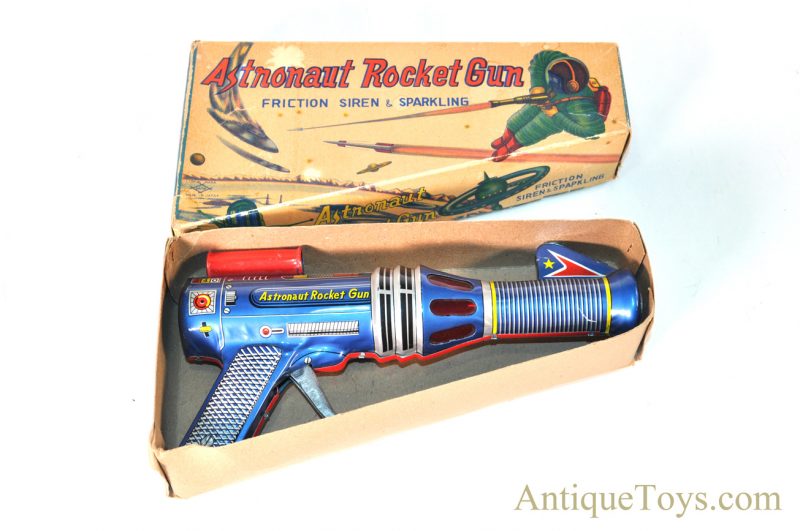 Daiya Tin Lithographed Friction Siren Astronaut Rocket Gun in Original Box Made in Japan <FONT COLOR="ff000 ">*SOLD*</font>