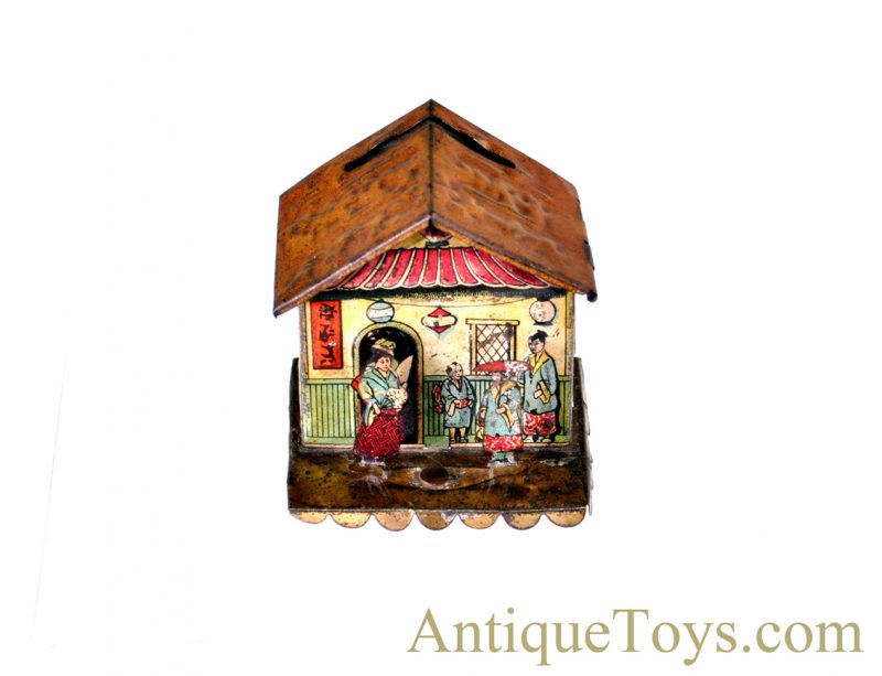 Unusual German ca. Early 1900's Asian Themed Tin Lithograph Coin/Penny Bank <FONT COLOR="ff000 ">*SOLD*</font>