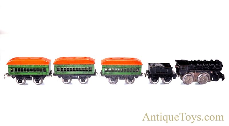 Girard Joy Line Flyer “O” Gauge Lithograph Wind Up Cast Iron Locomotive with #357 Tin Coach Train Cars and Box for Sale <FONT COLOR="ff000 ">*SOLD*</font> - Image 6