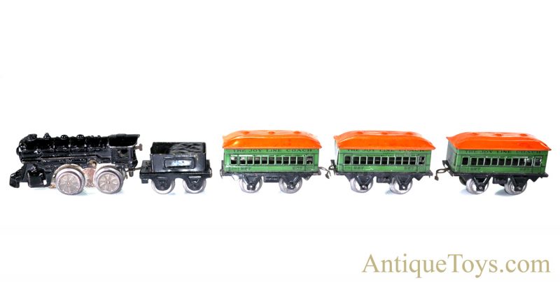 Girard Joy Line Flyer “O” Gauge Lithograph Wind Up Cast Iron Locomotive with #357 Tin Coach Train Cars and Box for Sale <FONT COLOR="ff000 ">*SOLD*</font> - Image 7
