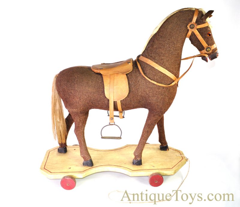 Rare Antique Primitive German Pull Toy Riding Horse on Wooden Platform Museum Piece <FONT COLOR="ff000 ">*SOLD*</font>
