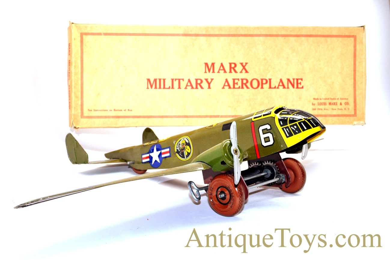 1950's Marx Toys “Military Aeroplane” Tin Lithographed Windup U.S. Army  Bomber Toy with Box *SOLD* -  - Antique Toys for Sale