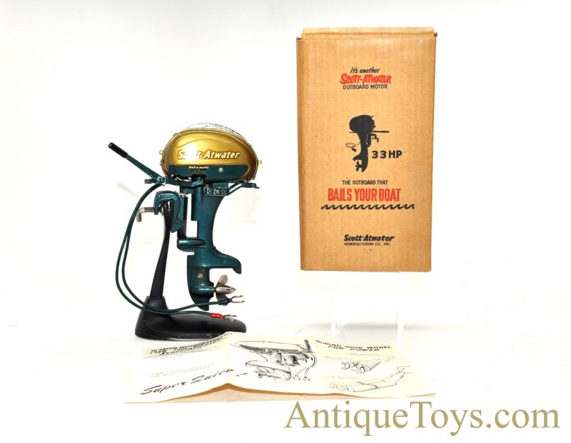 Vintage 1950’s Scott-Atwater 33 HP Battery Operated Outboard Bail-A-Matic Model Boat Motor with Box for Sale <FONT COLOR="ff000 ">*SOLD*</font>