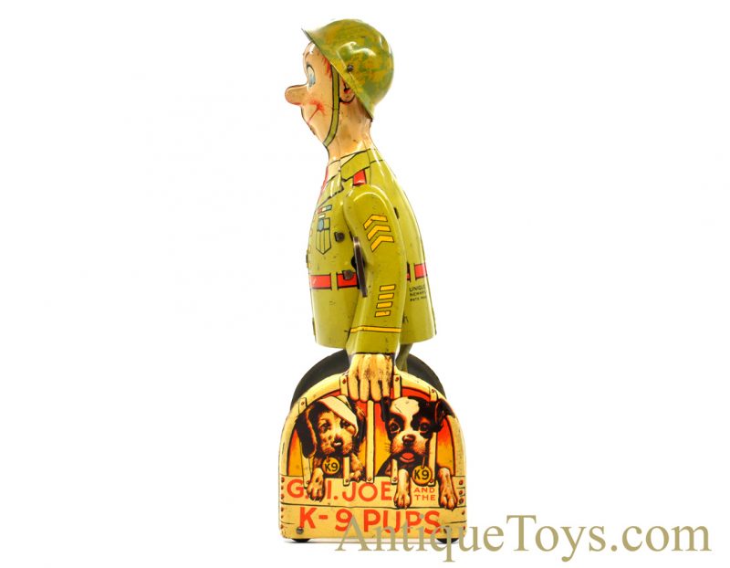 Vintage ca. 1940’s Unique Art “G.I. Joe & the K-9 Pups” Tin Lithographed Windup Toy <FONT COLOR="ff000 ">*SOLD*</font> - Image 3