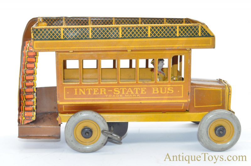 Antique ca. 1930's Strauss Rare Orange "Interstate Bus" #109 Tin Lithographed Windup Toy for Sale <FONT COLOR="ff000 ">*SOLD*</font>