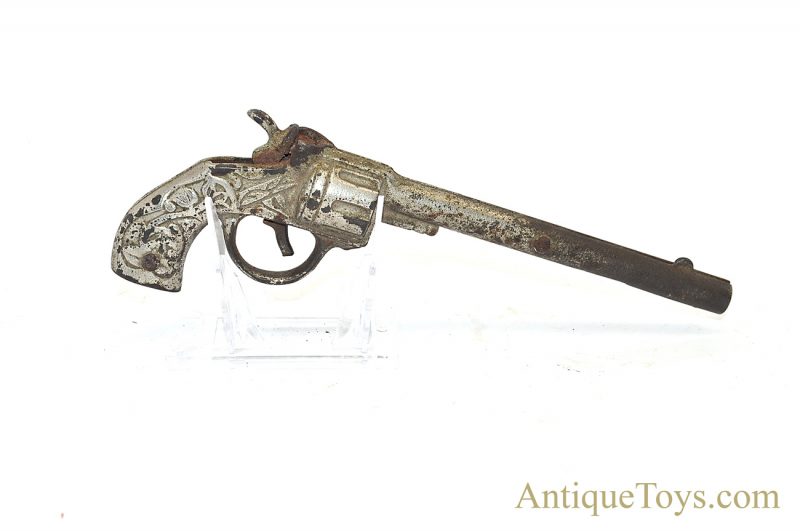 J.E. Stevens Cast Iron Nickel Finish Long Barrel "King" Toy Cap Gun Pistol <FONT COLOR="ff000 ">*SOLD*</font>
