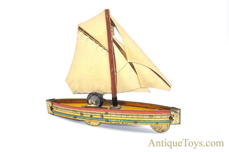 Antique ca. 1900 Hess "1041 Sailboat" Tin Lithographed Paperboard Sail Flywheel Friction German Toy <FONT COLOR="ff000 ">*SOLD*</font>
