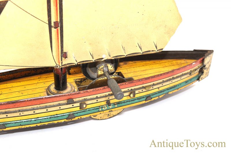 Antique ca. 1900 Hess "1041 Sailboat" Tin Lithographed Paperboard Sail Flywheel Friction German Toy <FONT COLOR="ff000 ">*SOLD*</font> - Image 10