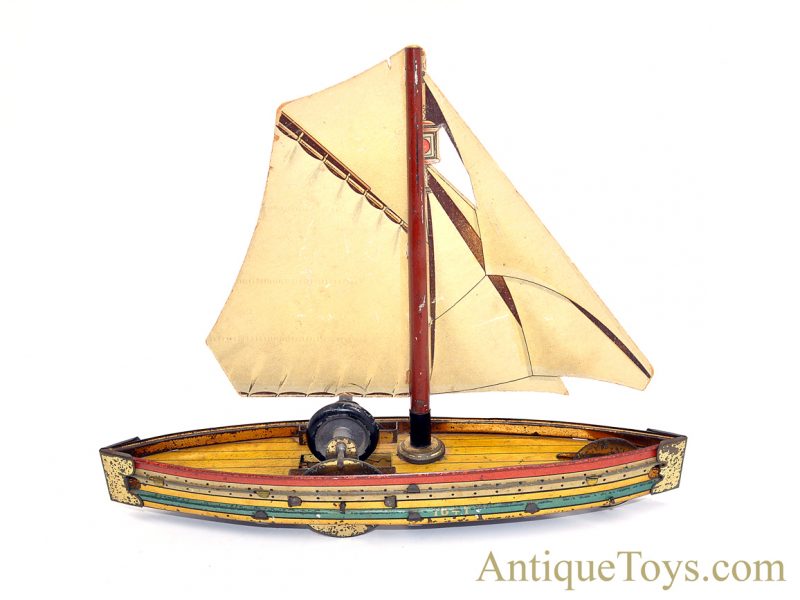 Antique ca. 1900 Hess "1041 Sailboat" Tin Lithographed Paperboard Sail Flywheel Friction German Toy <FONT COLOR="ff000 ">*SOLD*</font> - Image 3