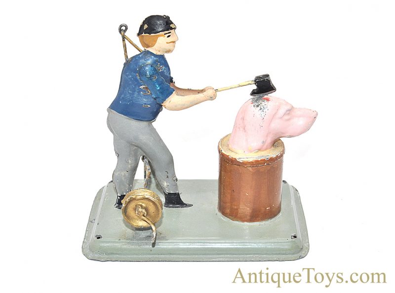 Becker ca. 1910 “Butcher Cleaving Dog’s Head” Hand Painted German Tin Steam Toy Accessory Hirschberg Collection <FONT COLOR="ff000 ">*SOLD*</font>