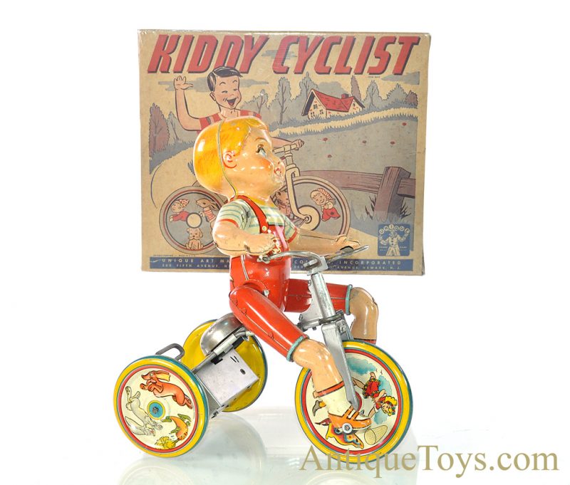 Vintage ca. 1930's Unique Art Tin Lithographed Windup "Kiddy Cyclist" with Box for Sale