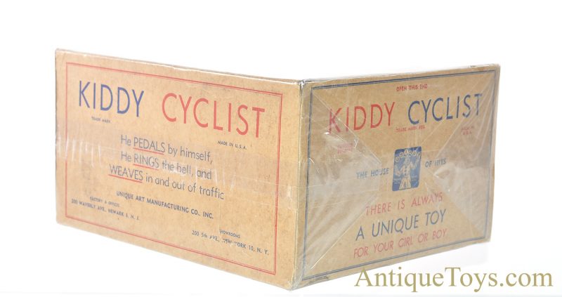 Vintage ca. 1930's Unique Art Tin Lithographed Windup "Kiddy Cyclist" with Box for Sale - Image 9