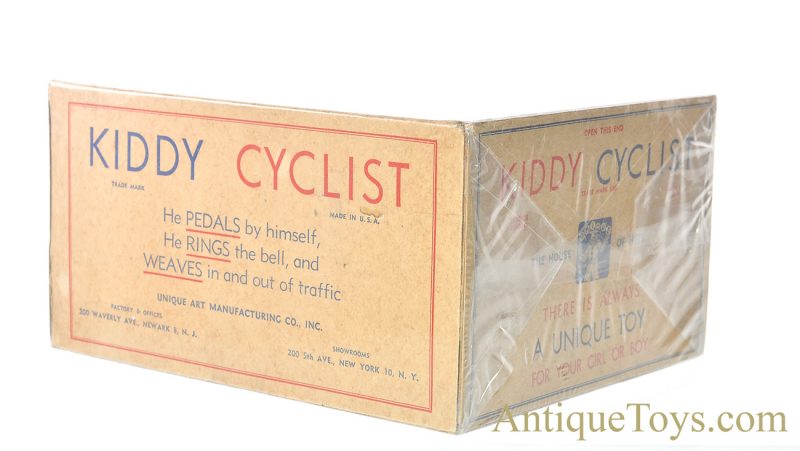 Vintage ca. 1930's Unique Art Tin Lithographed Windup "Kiddy Cyclist" with Box for Sale - Image 10
