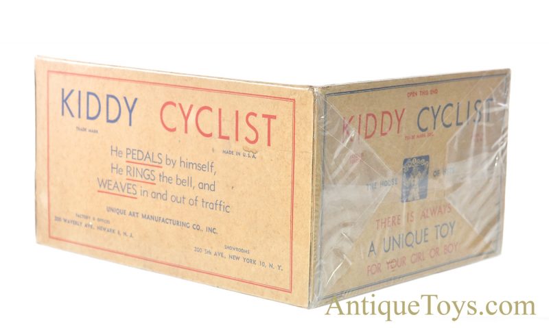 Vintage ca. 1930's Unique Art Tin Lithographed Windup "Kiddy Cyclist" with Box for Sale - Image 11
