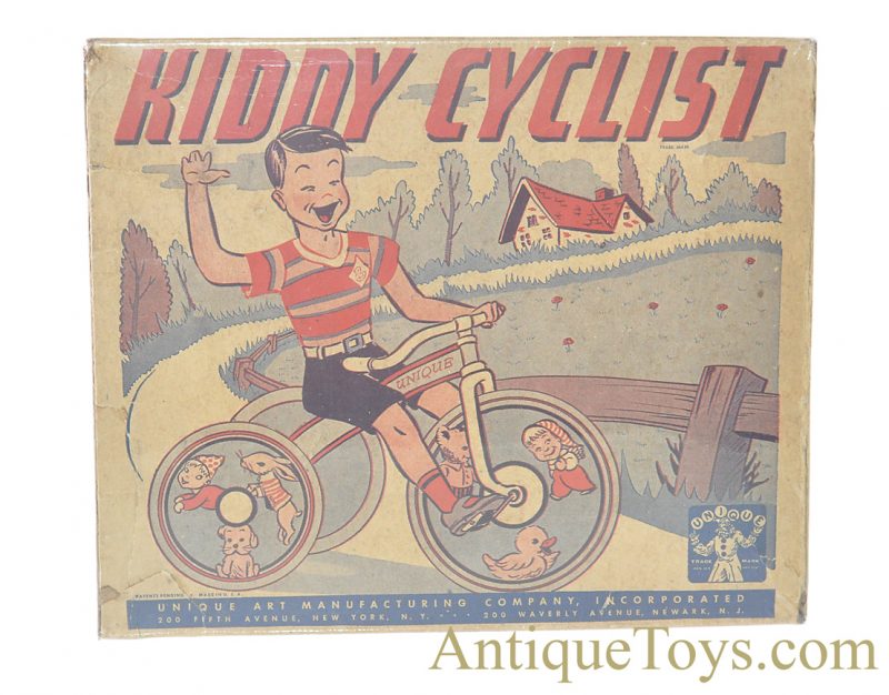 Vintage ca. 1930's Unique Art Tin Lithographed Windup "Kiddy Cyclist" with Box for Sale - Image 12