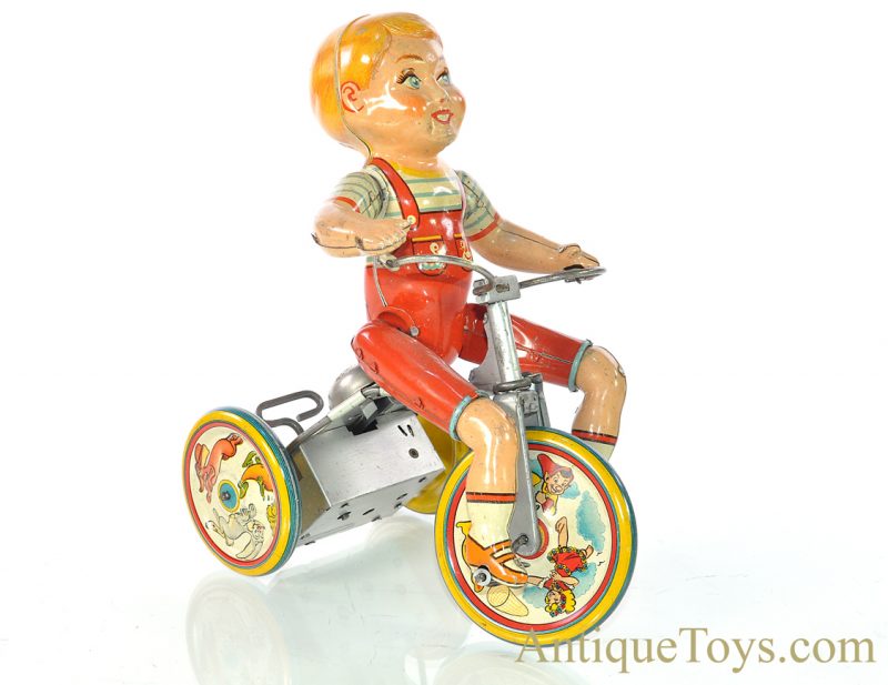Vintage ca. 1930's Unique Art Tin Lithographed Windup "Kiddy Cyclist" with Box for Sale - Image 3