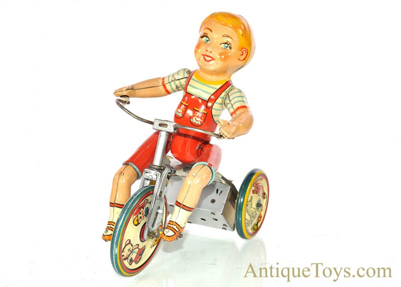 Vintage ca. 1930's Unique Art Tin Lithographed Windup "Kiddy Cyclist" with Box for Sale - Image 4