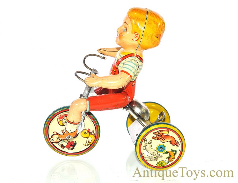 Vintage ca. 1930's Unique Art Tin Lithographed Windup "Kiddy Cyclist" with Box for Sale - Image 6