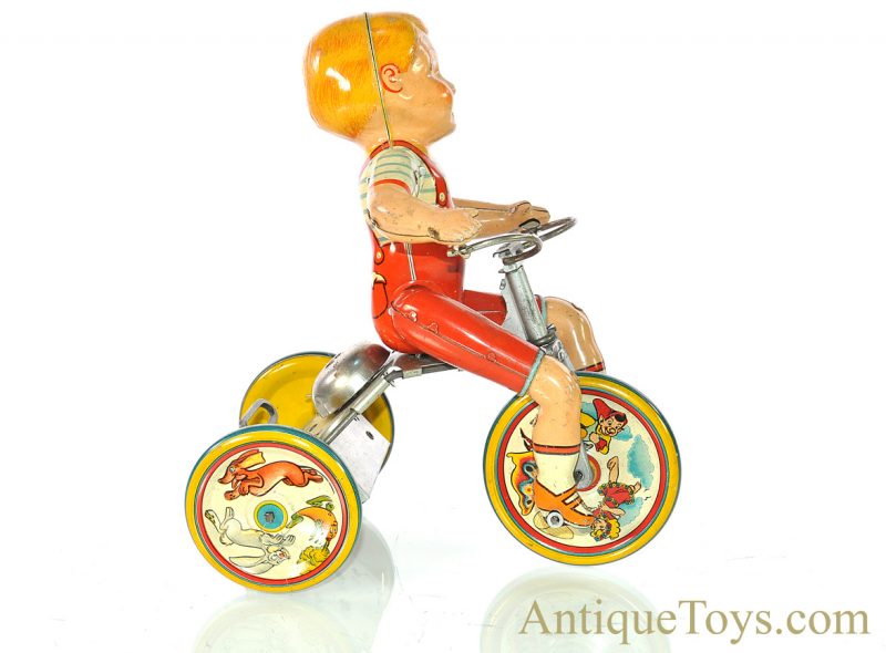 Vintage ca. 1930's Unique Art Tin Lithographed Windup "Kiddy Cyclist" with Box for Sale - Image 5