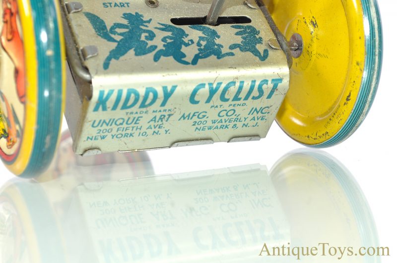 Vintage ca. 1930's Unique Art Tin Lithographed Windup "Kiddy Cyclist" with Box for Sale - Image 14