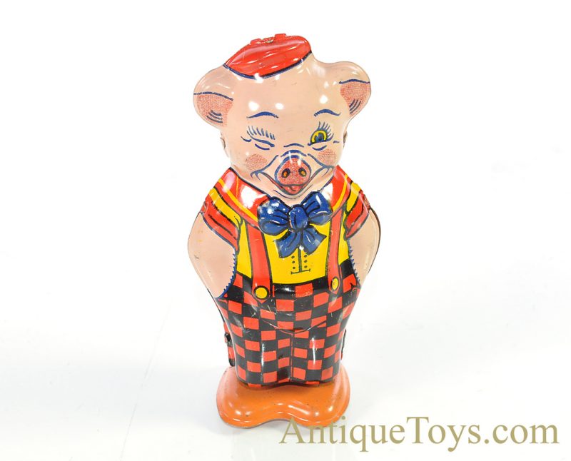 Vintage ca. 1940’s J. Chein Pig in Checkered Pants Windup Lithographed Tin Toy for Sale