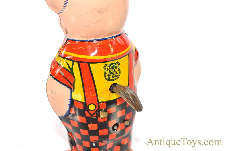 Vintage ca. 1940’s J. Chein Pig in Checkered Pants Windup Lithographed Tin Toy for Sale - Image 8