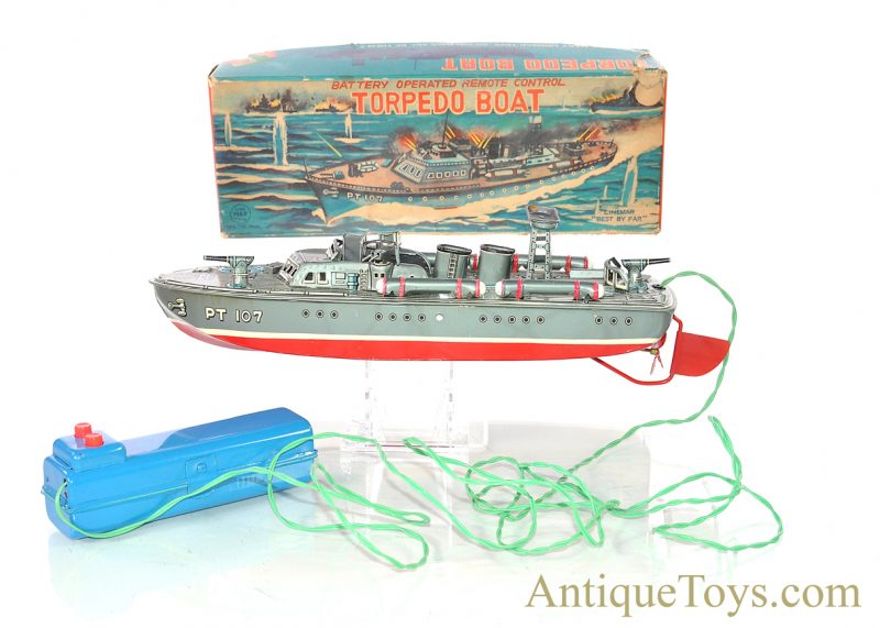Linemar “PT-107 Torpedo Boat” #J-1350 Tin Lithographed Japanese Battery Operated Remote Controlled Toy Ship with Box <FONT COLOR="ff000 ">*SOLD*</font>