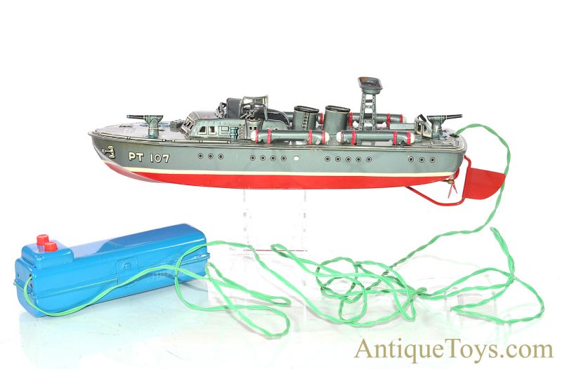 Linemar “PT-107 Torpedo Boat” #J-1350 Tin Lithographed Japanese Battery Operated Remote Controlled Toy Ship with Box <FONT COLOR="ff000 ">*SOLD*</font> - Image 3