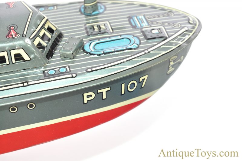 Linemar “PT-107 Torpedo Boat” #J-1350 Tin Lithographed Japanese Battery Operated Remote Controlled Toy Ship with Box <FONT COLOR="ff000 ">*SOLD*</font> - Image 7