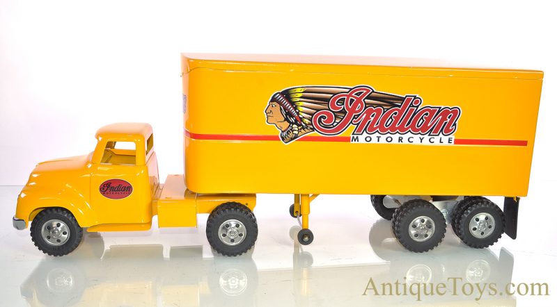 Vintage ca. 1954 Custom Designed Restore Tonka Toys Indian Motorcycle Pressed Steel Semi Tractor Trailer with Boxed New Ray Toys Indian Motorcycle Scale Model <FONT COLOR="ff000 ">*SOLD*</font> - Image 9