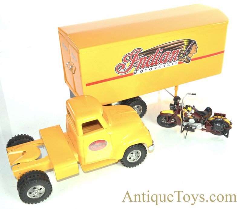 Vintage ca. 1954 Custom Designed Restore Tonka Toys Indian Motorcycle Pressed Steel Semi Tractor Trailer with Boxed New Ray Toys Indian Motorcycle Scale Model <FONT COLOR="ff000 ">*SOLD*</font> - Image 2