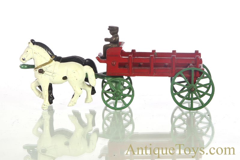 Antique ca. 1930's Kenton Red Cast Iron & Steel Horse Drawn Stake Wagon with Driver <FONT COLOR="ff000 ">*SOLD*</font> - Image 2