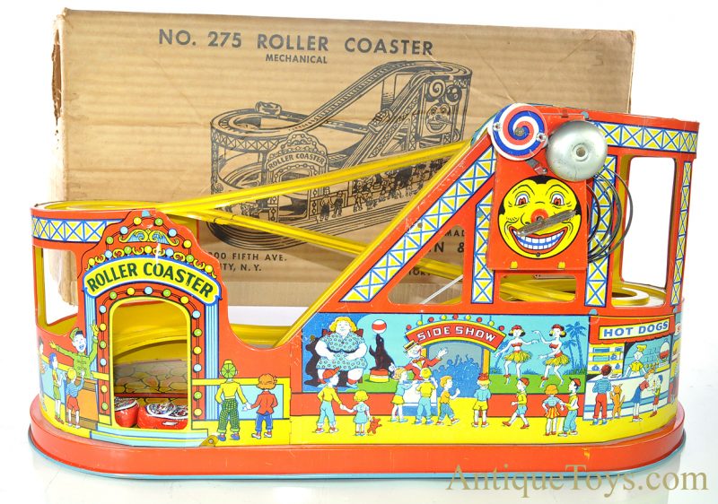 J. Chein & Co. No. 275 Mechanical Tin Lithographed Windup Roller Coaster in Box <FONT COLOR="ff000 ">*SOLD*</font>