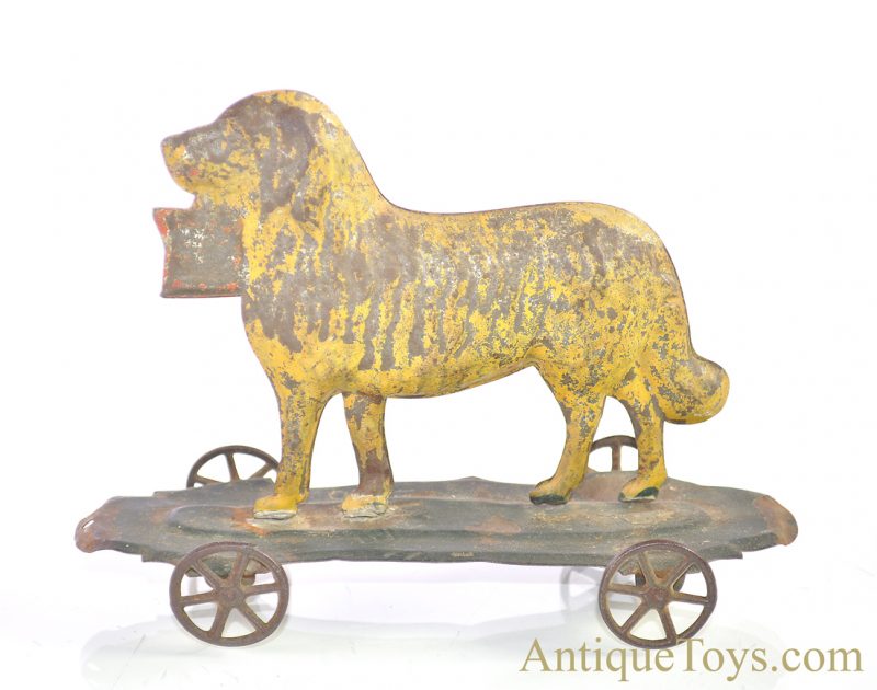 Althof Bergmann ca. 1800’s Tin Toy Dog with Pail on Platform Pull Toy <FONT COLOR="ff000 ">*SOLD*</font> - Image 2
