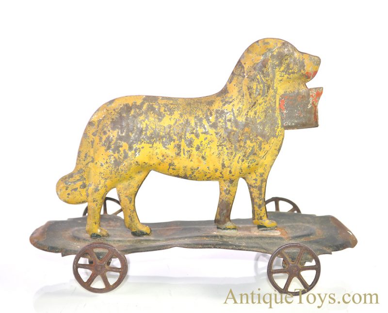 Althof Bergmann ca. 1800’s Tin Toy Dog with Pail on Platform Pull Toy <FONT COLOR="ff000 ">*SOLD*</font>
