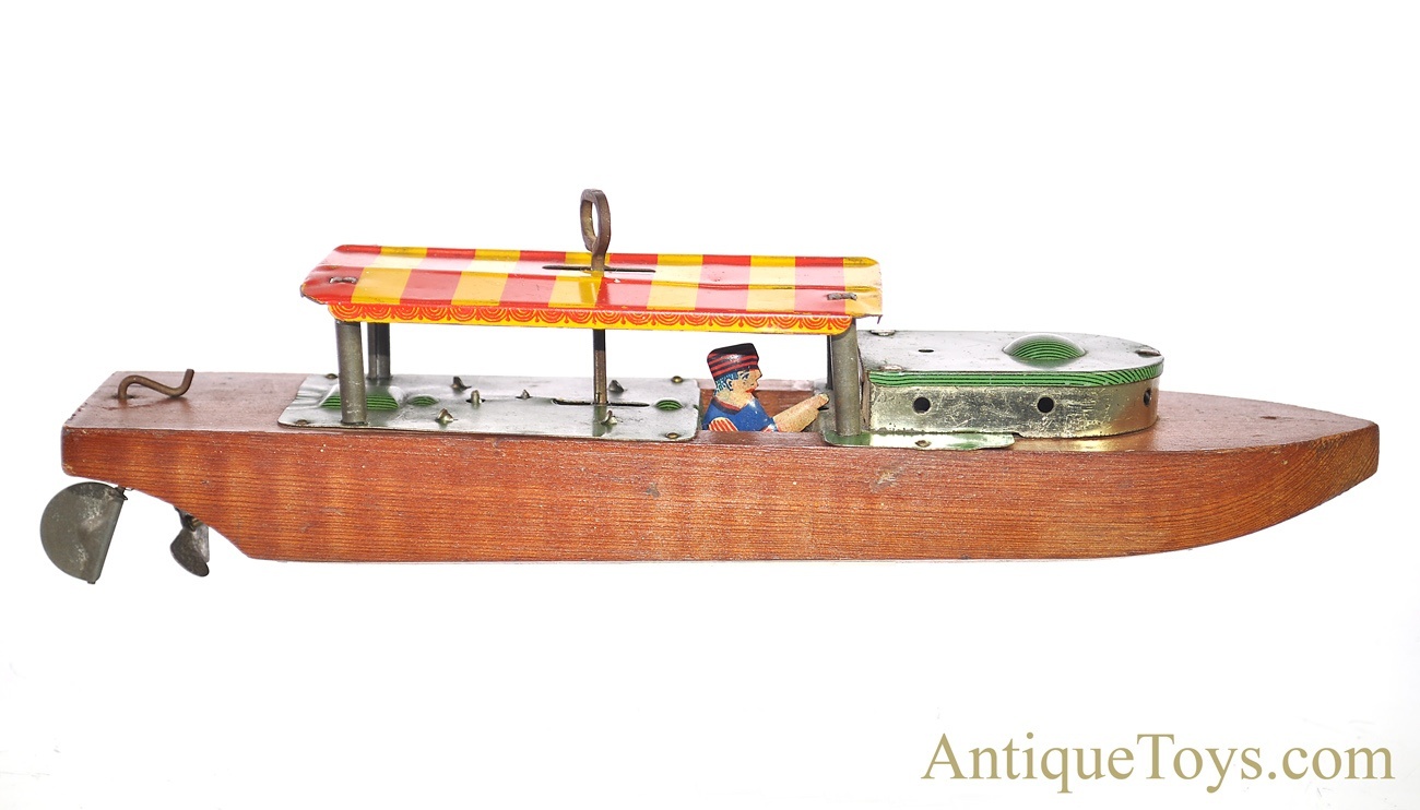 Liberty Playthings Windup Tin Lithograph and Wooden Fantail Launch Boat  *SOLD* -  - Antique Toys for Sale