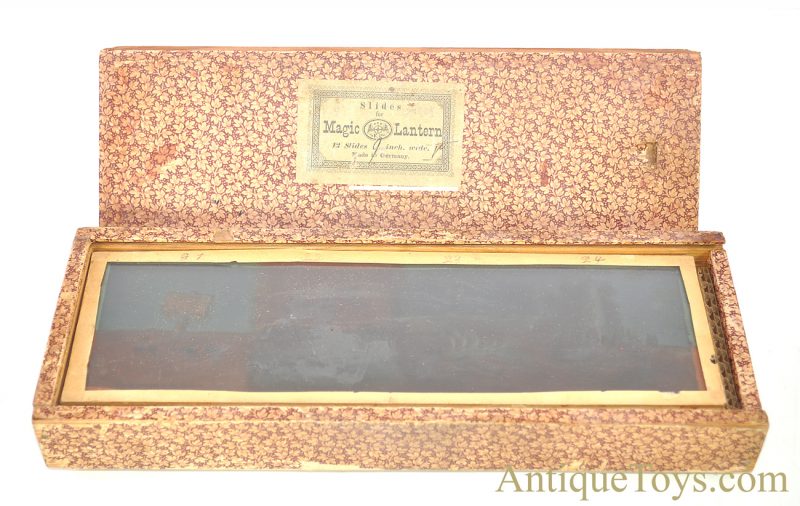 Ernst Plank “Lanterna Magica” #1518 Gloria Nr. German Tin Oil Lamp Magic Lantern Projector with 12 Slides & Wooden Box, Plus Extra Box of 11”x 3.5” Glass Slides <FONT COLOR="ff000 ">*SOLD*</font> - Image 18