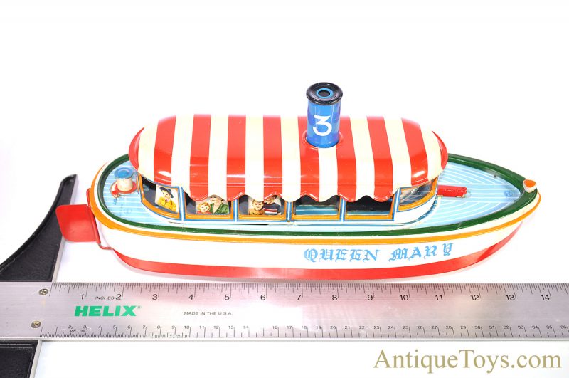 Marusan SAN Battery Operated Japanese Tin Lithographed “River Boat” Queen Mary Ship with Box <FONT COLOR="ff000 ">*SOLD*</font> - Image 15