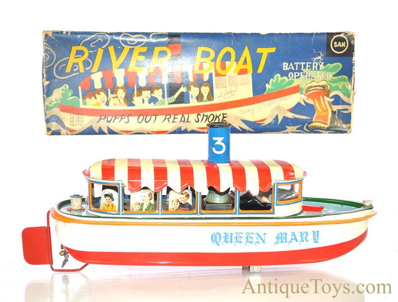 Marusan SAN Battery Operated Japanese Tin Lithographed “River Boat” Queen Mary Ship with Box <FONT COLOR="ff000 ">*SOLD*</font> - Image 2