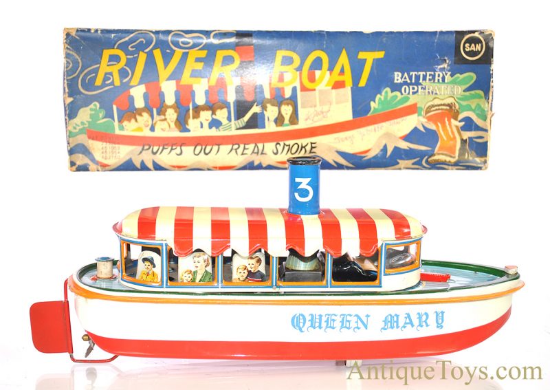 Marusan SAN Battery Operated Japanese Tin Lithographed “River Boat” Queen Mary Ship with Box <FONT COLOR="ff000 ">*SOLD*</font>