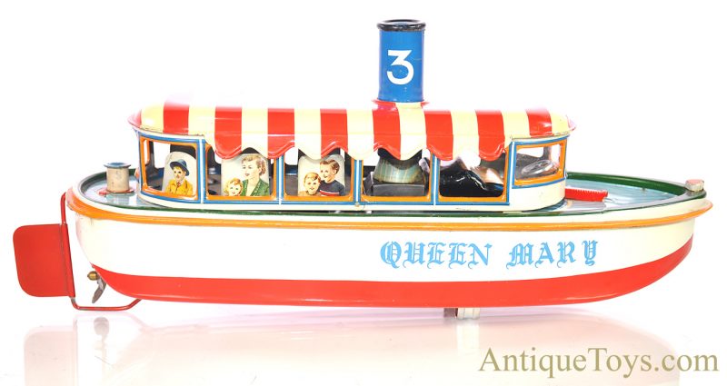 Marusan SAN Battery Operated Japanese Tin Lithographed “River Boat” Queen Mary Ship with Box <FONT COLOR="ff000 ">*SOLD*</font> - Image 3