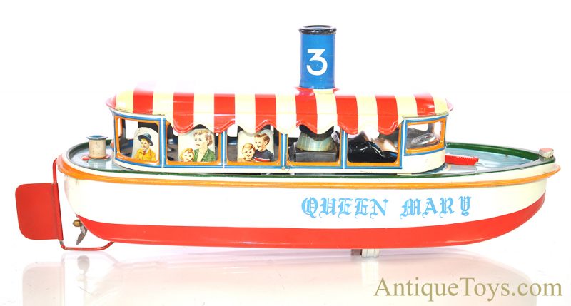 Marusan SAN Battery Operated Japanese Tin Lithographed “River Boat” Queen Mary Ship with Box <FONT COLOR="ff000 ">*SOLD*</font> - Image 4