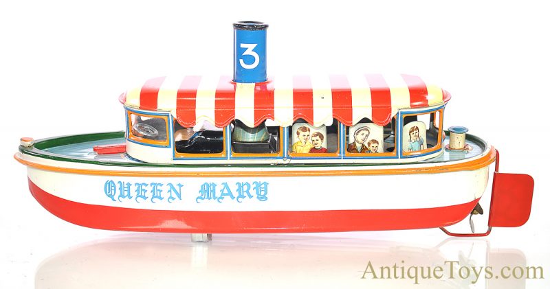 Marusan SAN Battery Operated Japanese Tin Lithographed “River Boat” Queen Mary Ship with Box <FONT COLOR="ff000 ">*SOLD*</font> - Image 6