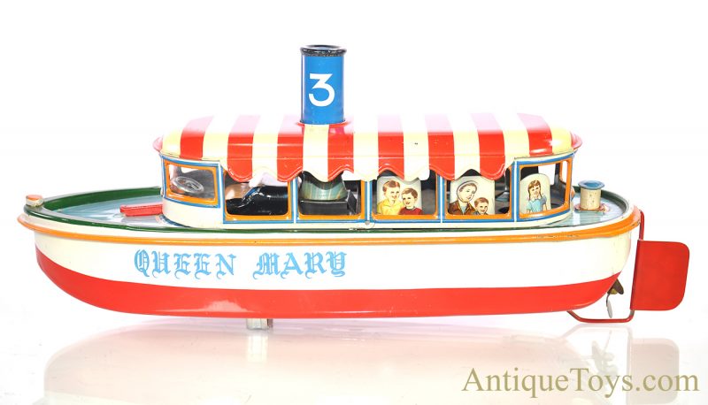Marusan SAN Battery Operated Japanese Tin Lithographed “River Boat” Queen Mary Ship with Box <FONT COLOR="ff000 ">*SOLD*</font> - Image 5