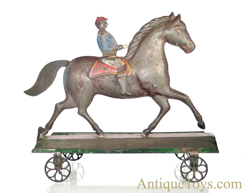 Althof Bergmann ca. 1800’s Tin Pull Toy Horse with Jockey on Belled Platform <FONT COLOR="ff000 ">*SOLD*</font>